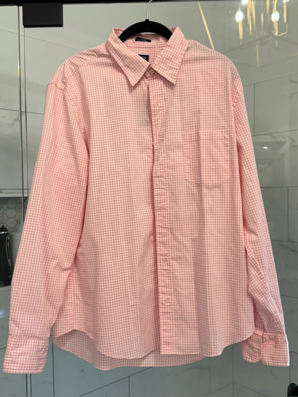 Men's J. Crew Pink white Gingham Long-Sleeve Performance button down shirt L